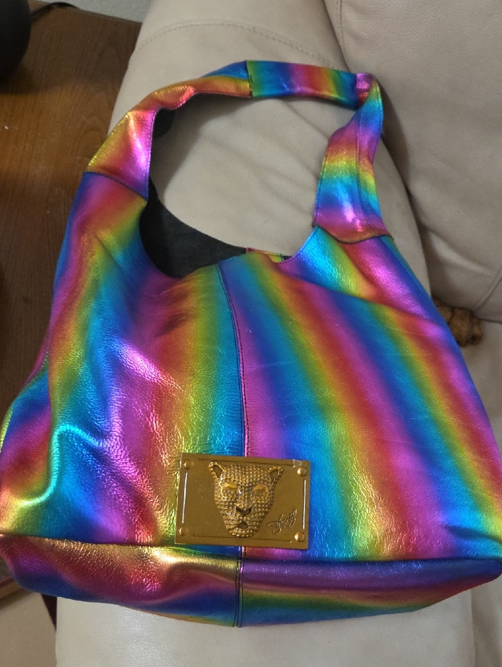 Gold Plaque Rainbow Metallic Shoulder Bag - Women